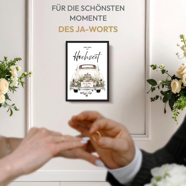 Fotodruck mit Bilderrahmen zur Hochzeit - Auto - Namen &amp; Datum - in 2 Gr&ouml;&szlig;en