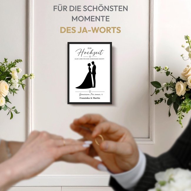 Fotodruck mit Bilderrahmen zur Hochzeit - Gemeinsam. F&uuml;r immer - mit Namen - in 2 Gr&ouml;&szlig;en