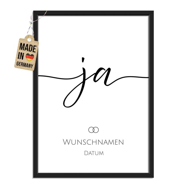 Fotodruck mit Bilderrahmen zur Hochzeit - Ja - mit Namen &amp; Datum - in 2 Gr&ouml;&szlig;en