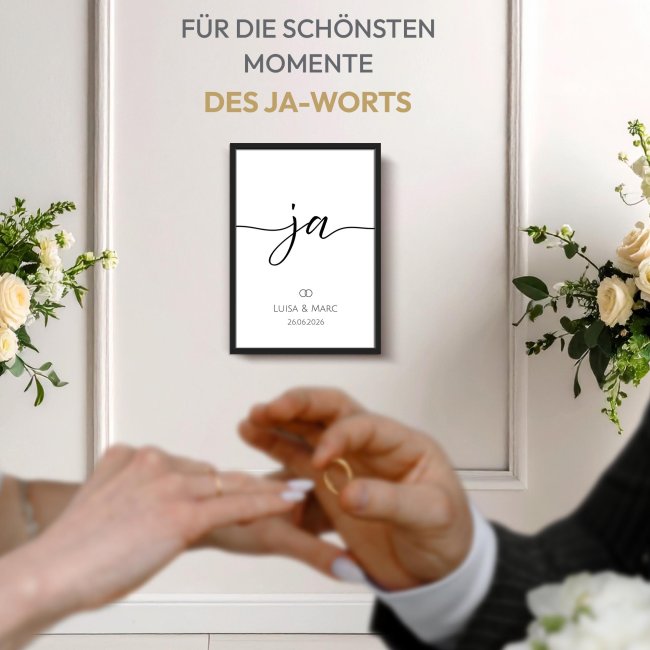 Fotodruck mit Bilderrahmen zur Hochzeit - Ja - mit Namen &amp; Datum - in 2 Gr&ouml;&szlig;en
