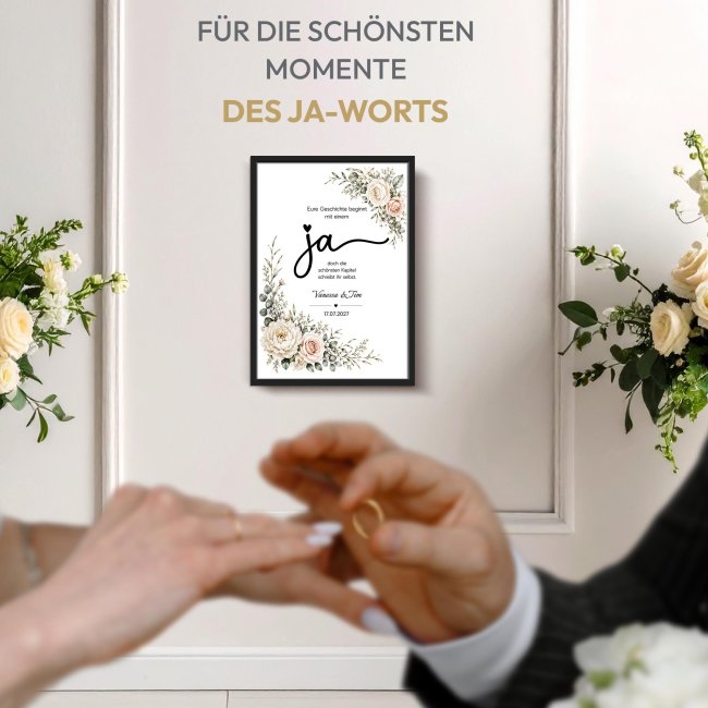 Fotodruck mit Bilderrahmen zur Hochzeit - Ja Blumen - mit Namen &amp; Datum - in 2 Gr&ouml;&szlig;en