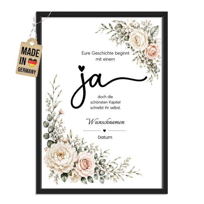 Fotodruck mit Bilderrahmen zur Hochzeit - Ja Blumen - mit Namen &amp; Datum - in 2 Gr&ouml;&szlig;en