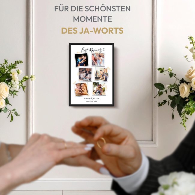 Fotodruck mit Bilderrahmen zur Hochzeit - Best Moments - mit 6 Fotos, Namen, Datum - in 2 Gr&ouml;&szlig;en