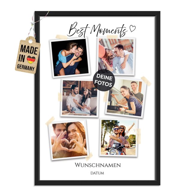 Fotodruck mit Bilderrahmen zur Hochzeit - Best Moments - mit 6 Fotos, Namen, Datum - in 2 Gr&ouml;&szlig;en