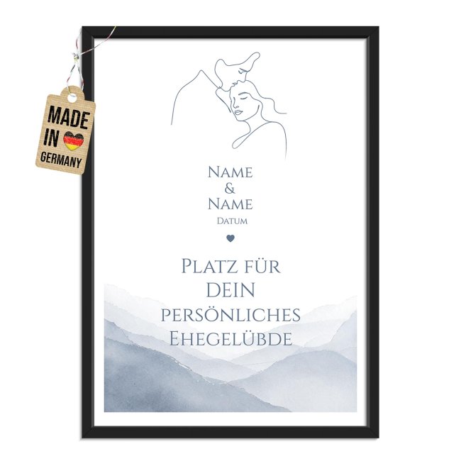 Fotodruck mit Bilderrahmen zur Hochzeit - Ehegel&uuml;bde - mit Wunschtext, Namen &amp; Datum - in 2 Gr&ouml;&szlig;en
