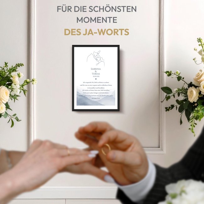 Fotodruck mit Bilderrahmen zur Hochzeit - Ehegel&uuml;bde - mit Wunschtext, Namen &amp; Datum - in 2 Gr&ouml;&szlig;en