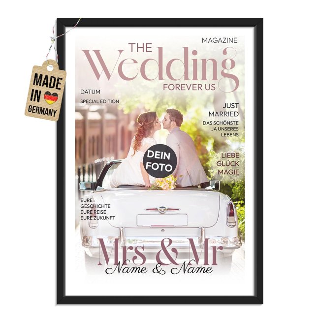 Fotodruck mit Bilderrahmen zur Hochzeit - Magazin Mrs. &amp; Mr. - mit Foto, Namen &amp; Datum - in 2 Gr&ouml;&szlig;en