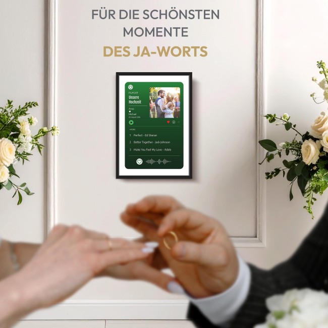 Fotodruck mit Bilderrahmen zur Hochzeit - Playlist - mit Foto, Namen &amp; Datum - in 2 Gr&ouml;&szlig;en