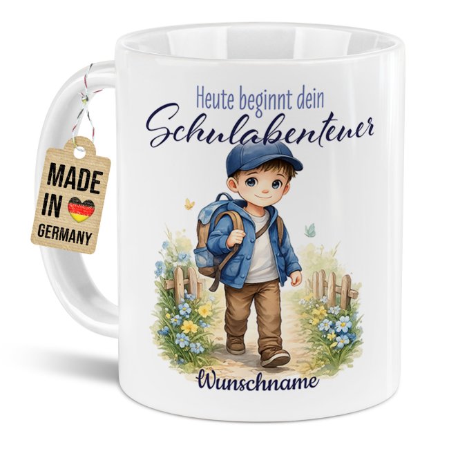 Personalisierte Tasse zur Einschulung - Schulabenteuer Junge - mit Name - Verschiedene Farben
