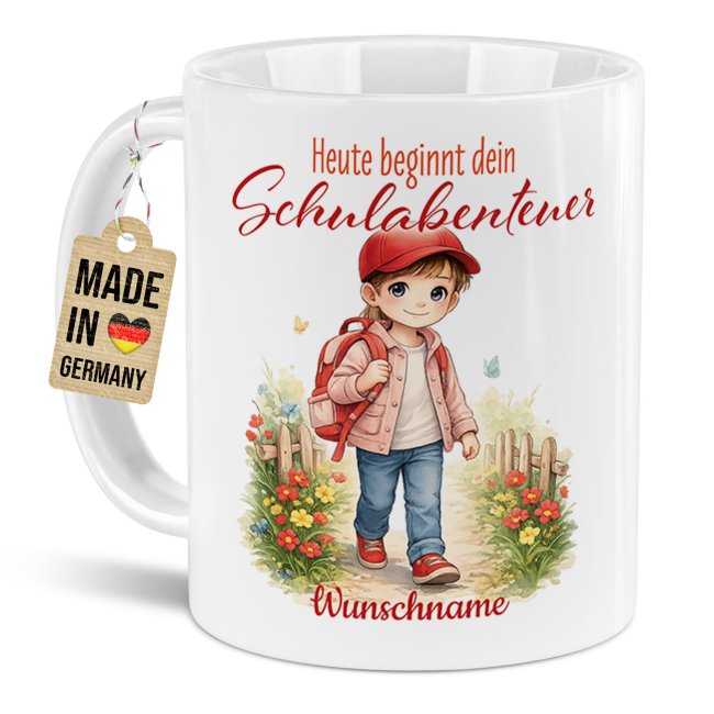 Personalisierte Tasse zur Einschulung - Schulabenteuer M&auml;dchen - mit Name - Verschiedene Farben