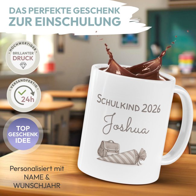 Personalisierte Tasse zur Einschulung - Schulkind 2026 - mit Name &amp; Jahr - Verschiedene Farben