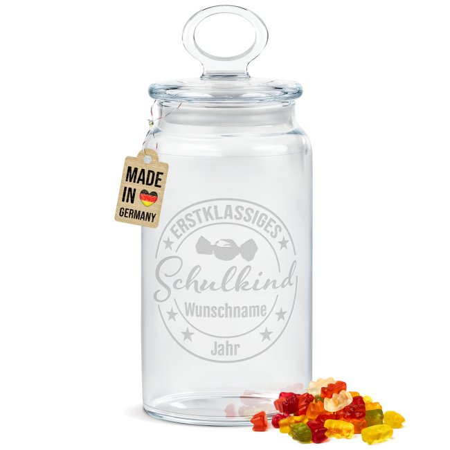 Vorratsdose aus Glas zur Einschulung - mit Name &amp; Jahr graviert - Erstklassiges Schulkind - 1100 ml
