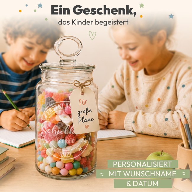 Vorratsdose aus Glas zur Einschulung - mit Name &amp; Jahr graviert - Erstklassiges Schulkind - 1100 ml