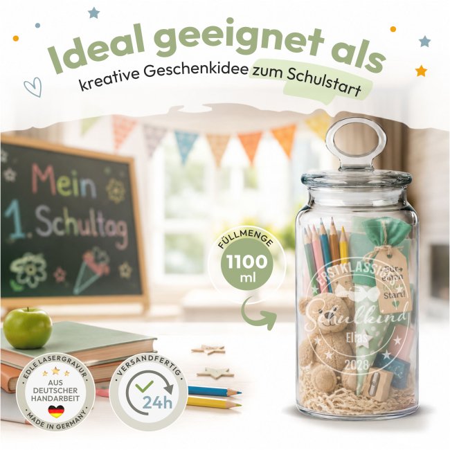 Vorratsdose aus Glas zur Einschulung - mit Name &amp; Jahr graviert - Erstklassiges Schulkind - 1100 ml