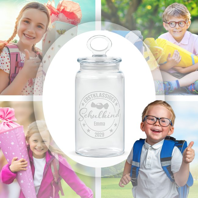 Vorratsdose aus Glas zur Einschulung - mit Name &amp; Jahr graviert - Erstklassiges Schulkind - 1100 ml