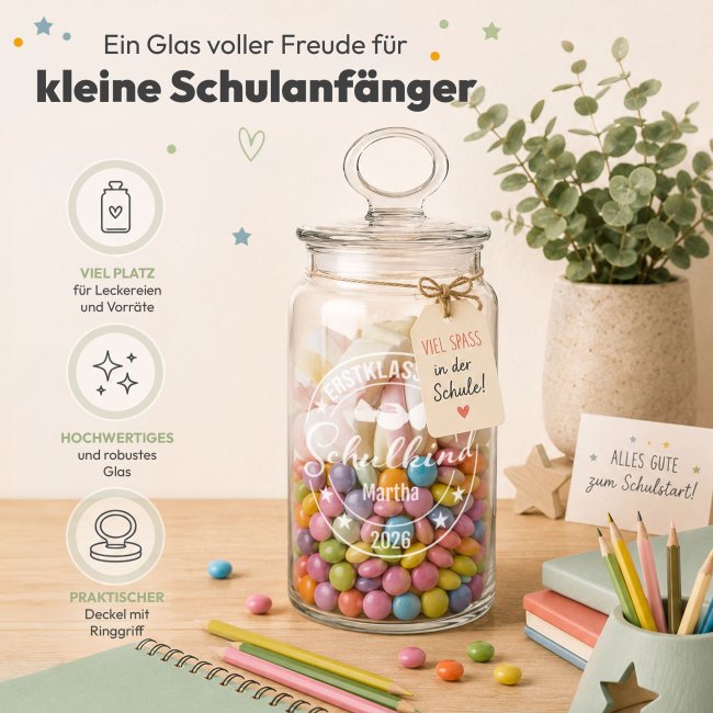 Vorratsdose aus Glas zur Einschulung - mit Name &amp; Jahr graviert - Erstklassiges Schulkind - 1100 ml