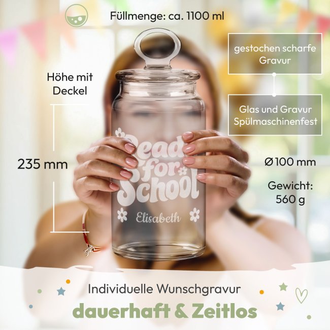 Vorratsdose aus Glas zur Einschulung - mit Name graviert - Ready for School - 1100 ml