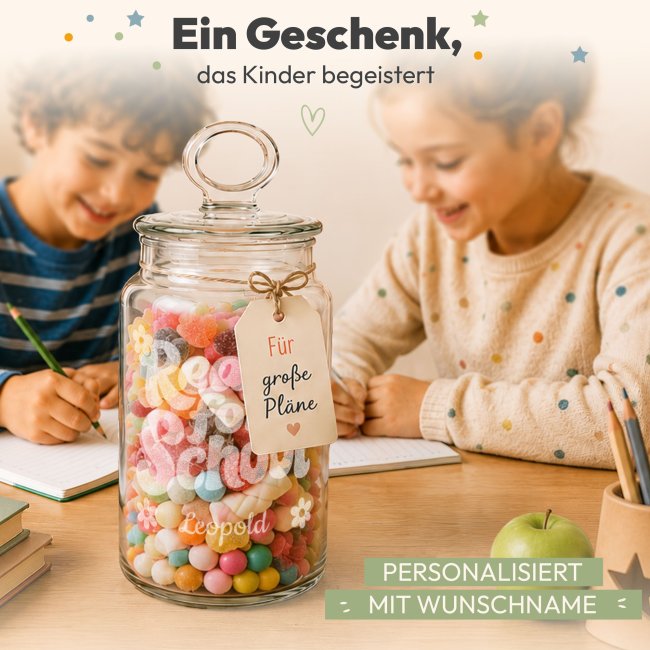 Vorratsdose aus Glas zur Einschulung - mit Name graviert - Ready for School - 1100 ml