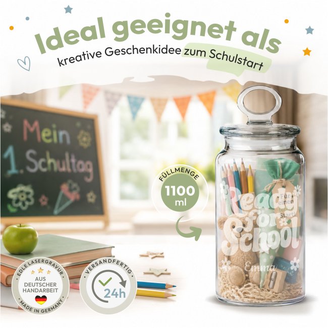 Vorratsdose aus Glas zur Einschulung - mit Name graviert - Ready for School - 1100 ml