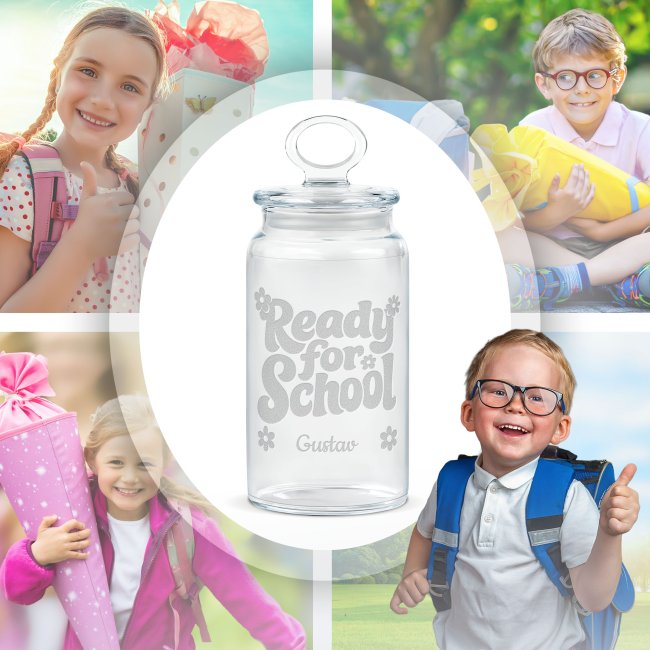 Vorratsdose aus Glas zur Einschulung - mit Name graviert - Ready for School - 1100 ml