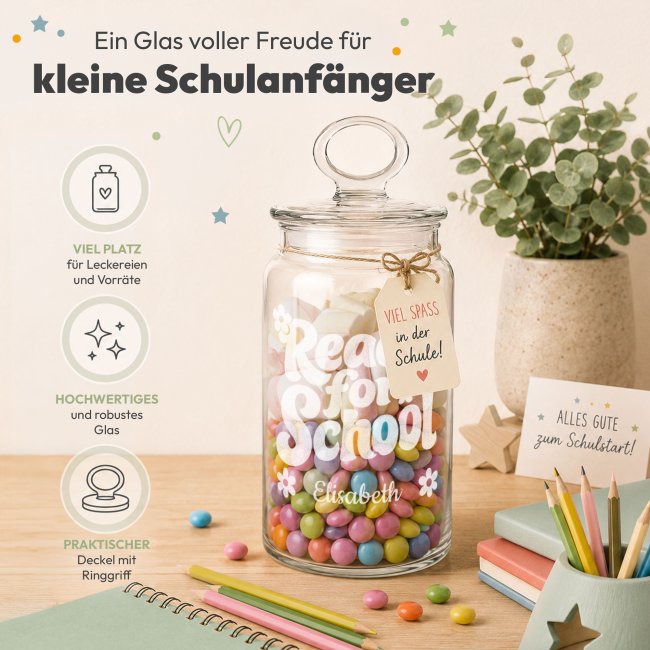 Vorratsdose aus Glas zur Einschulung - mit Name graviert - Ready for School - 1100 ml