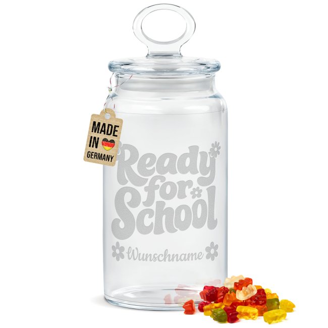 Vorratsdose aus Glas zur Einschulung - mit Name graviert - Ready for School - 1100 ml