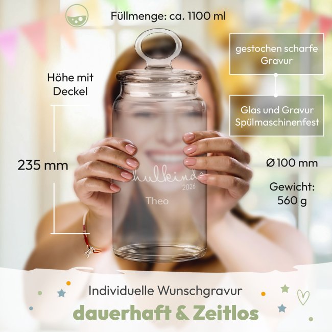 Vorratsdose aus Glas zur Einschulung - mit Name &amp; Jahr graviert - Schulkind - 1100 ml