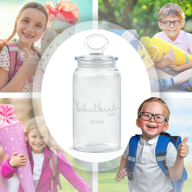 Vorratsdose aus Glas zur Einschulung - mit Name &amp; Jahr graviert - Schulkind - 1100 ml