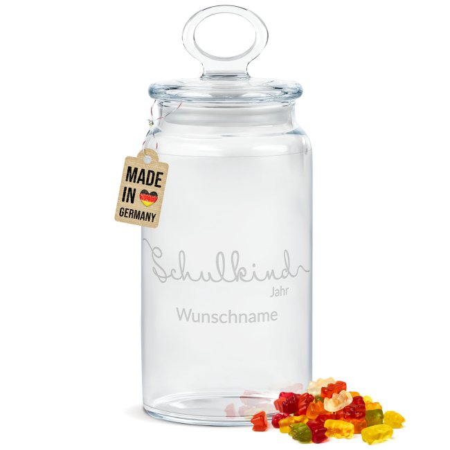 Vorratsdose aus Glas zur Einschulung - mit Name &amp; Jahr graviert - Schulkind - 1100 ml