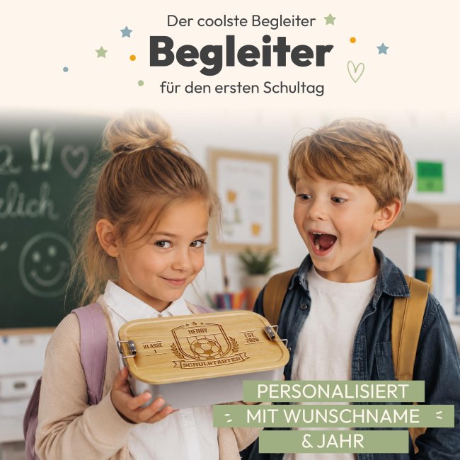 Brotdose mit Gravur zur Einschulung - Schulstarter - Fussball - mit Name &amp; Jahr - Gro&szlig;