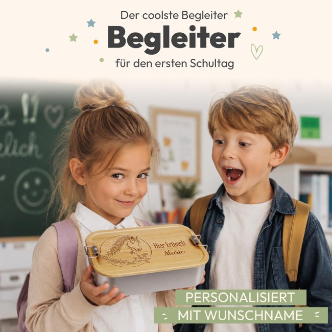 Brotdose mit Gravur zur Einschulung - Hier kr&uuml;melt - Pferd - mit Name - Gro&szlig;