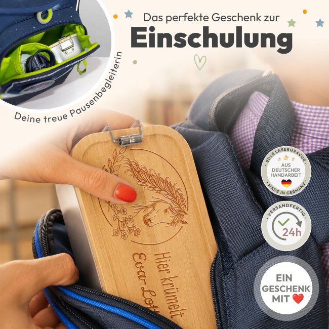 Brotdose mit Gravur zur Einschulung - Hier kr&uuml;melt - Pferd - mit Name - Gro&szlig;