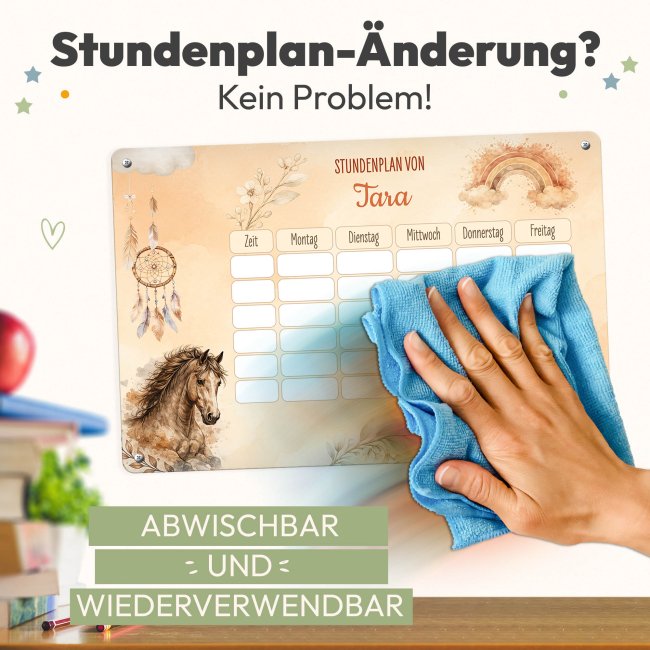 Abwischbarer Stundenplan - Schulkind - Pferd - mit Name personalisierbar