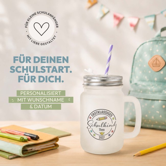 Personalisiertes Trinkglas mit Strohhalm zur Einschulung - Erstklassiges Schulkind - mit Name &amp; Jahr - Glas satiniert