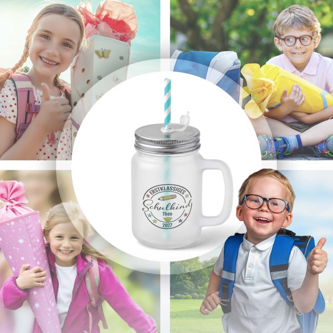 Personalisiertes Trinkglas mit Strohhalm zur Einschulung - Erstklassiges Schulkind - mit Name &amp; Jahr - Glas satiniert