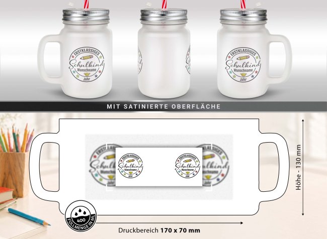 Personalisiertes Trinkglas mit Strohhalm zur Einschulung - Erstklassiges Schulkind - mit Name &amp; Jahr - Glas satiniert