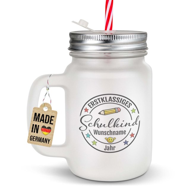 Personalisiertes Trinkglas mit Strohhalm zur Einschulung - Erstklassiges Schulkind - mit Name &amp; Jahr - Glas satiniert