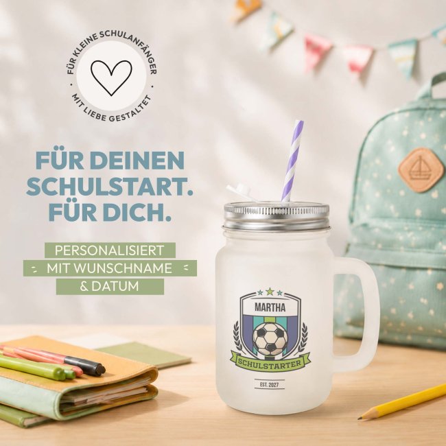 Personalisiertes Trinkglas mit Strohhalm zur Einschulung - Schulstarter, Fu&szlig;ball - mit Name &amp; Jahr - Glas satiniert