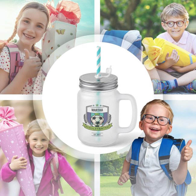 Personalisiertes Trinkglas mit Strohhalm zur Einschulung - Schulstarter, Fu&szlig;ball - mit Name &amp; Jahr - Glas satiniert