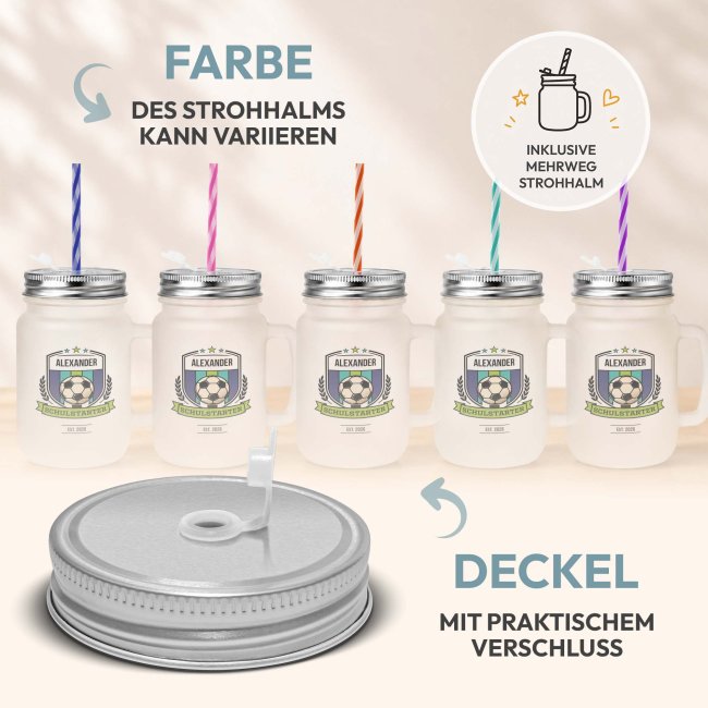 Personalisiertes Trinkglas mit Strohhalm zur Einschulung - Schulstarter, Fu&szlig;ball - mit Name &amp; Jahr - Glas satiniert