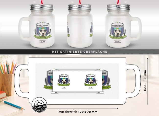 Personalisiertes Trinkglas mit Strohhalm zur Einschulung - Schulstarter, Fu&szlig;ball - mit Name &amp; Jahr - Glas satiniert