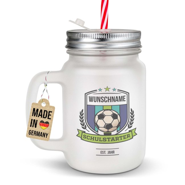 Personalisiertes Trinkglas mit Strohhalm zur Einschulung - Schulstarter, Fu&szlig;ball - mit Name &amp; Jahr - Glas satiniert