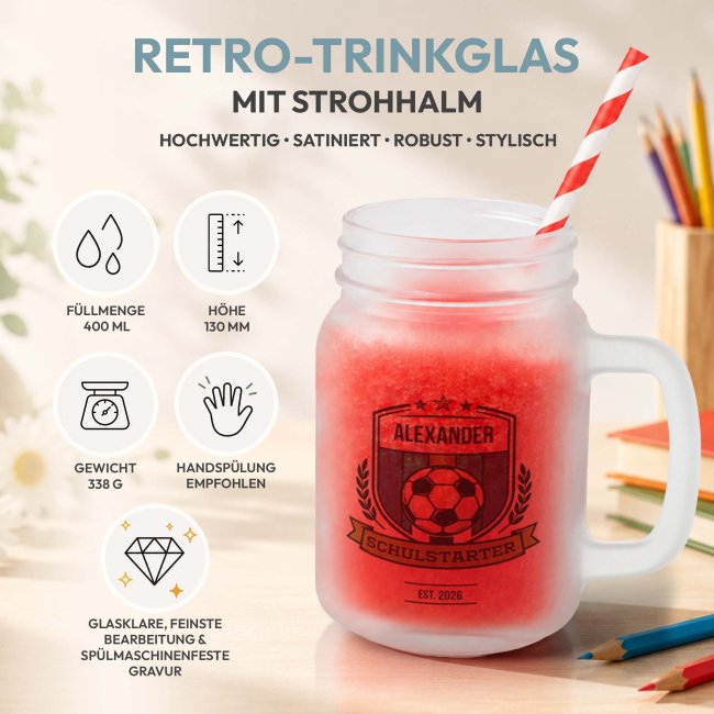 Personalisiertes Trinkglas mit Strohhalm zur Einschulung - Schulstarter, Fu&szlig;ball - mit Name &amp; Jahr - Glas satiniert