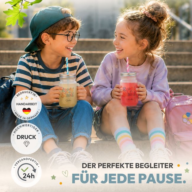 Personalisiertes Trinkglas mit Strohhalm zur Einschulung - Ready for School - mit Name - Glas satiniert