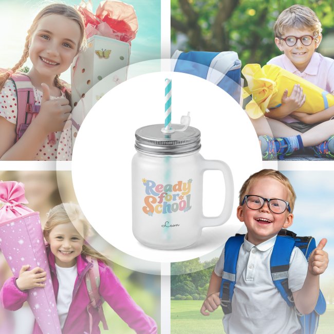 Personalisiertes Trinkglas mit Strohhalm zur Einschulung - Ready for School - mit Name - Glas satiniert
