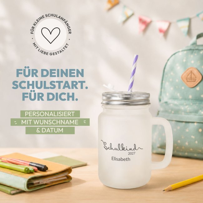 Personalisiertes Trinkglas mit Strohhalm zur Einschulung - Schulkind - mit Name &amp; Jahr - Glas satiniert