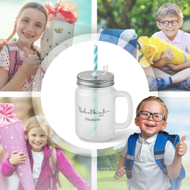 Personalisiertes Trinkglas mit Strohhalm zur Einschulung - Schulkind - mit Name &amp; Jahr - Glas satiniert