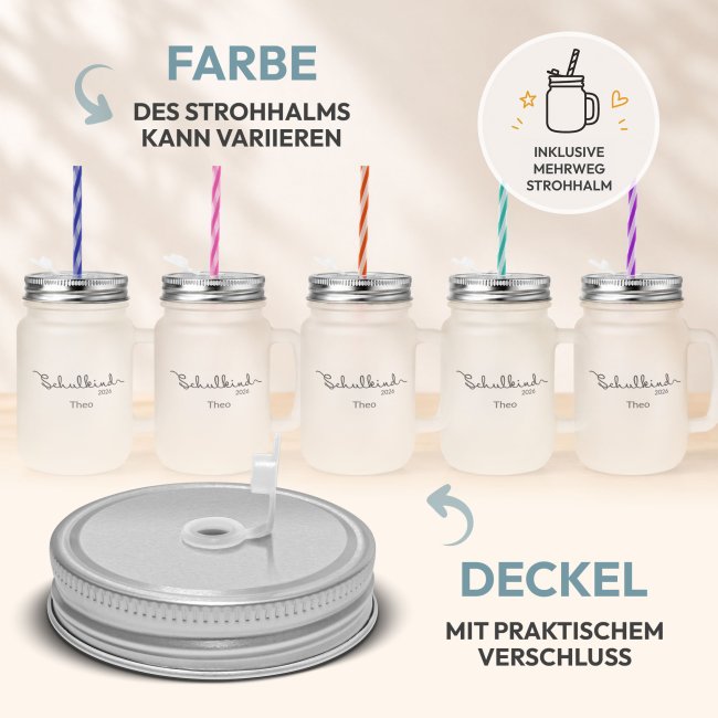 Personalisiertes Trinkglas mit Strohhalm zur Einschulung - Schulkind - mit Name &amp; Jahr - Glas satiniert