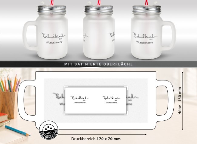 Personalisiertes Trinkglas mit Strohhalm zur Einschulung - Schulkind - mit Name &amp; Jahr - Glas satiniert