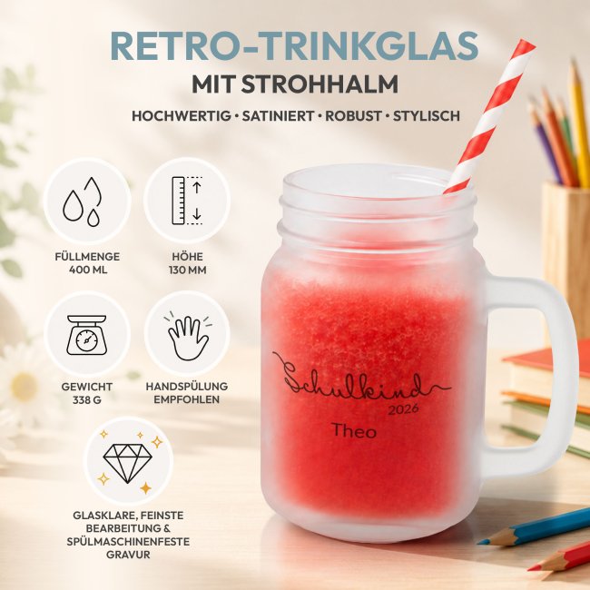 Personalisiertes Trinkglas mit Strohhalm zur Einschulung - Schulkind - mit Name &amp; Jahr - Glas satiniert